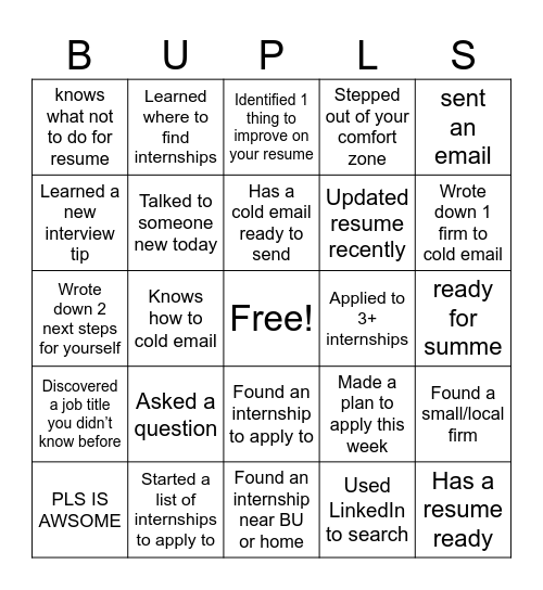 Internship Ready Bingo Card