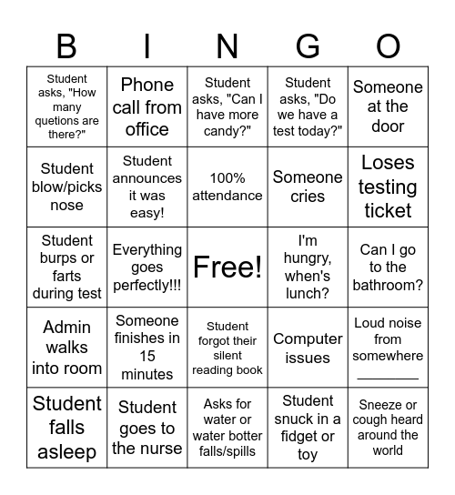 STATE TEST BINGO Card