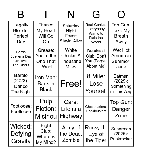 Movie Music Bingo Card