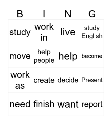 Jobs -related verbs Bingo Card