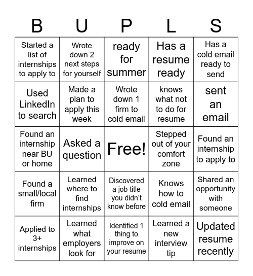Internship Ready Bingo Card