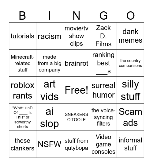 YouTube content Bingo Card