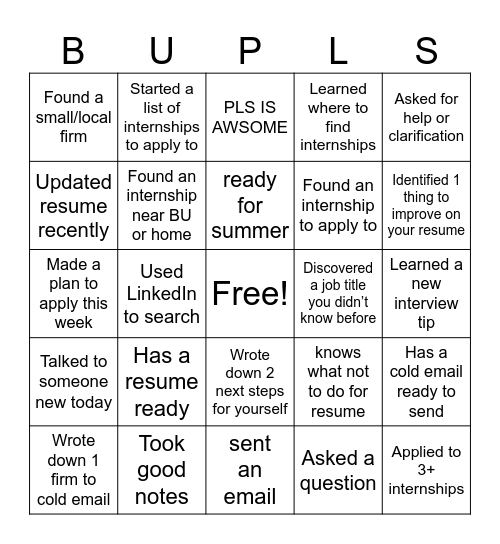 Internship Ready Bingo Card