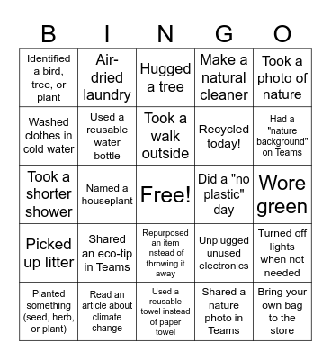 Earth Day Bingo Card