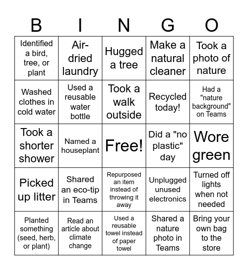 Earth Day Bingo Card