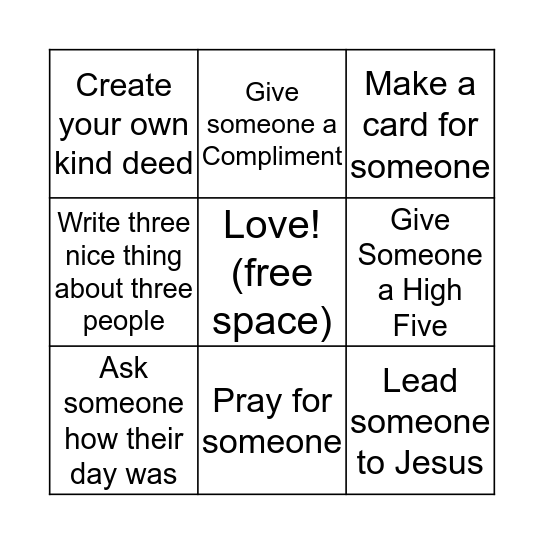 Kindness Game  Bingo Card