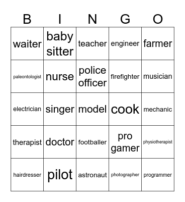 Dream Jobs Bingo Card