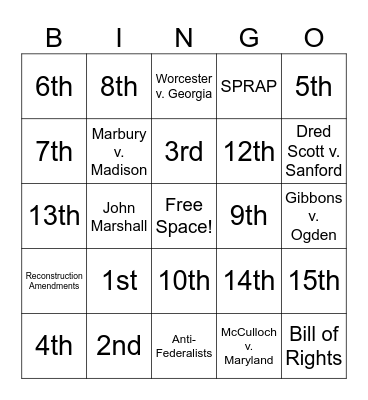 Amendments & Court Cases Bingo Card