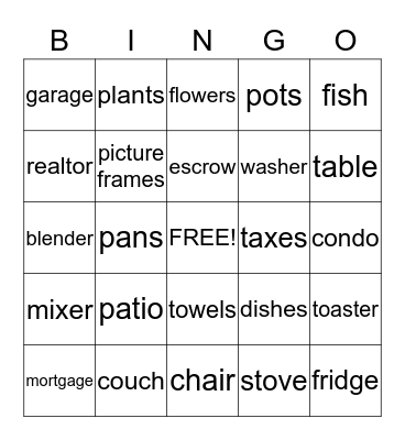 Dana's Housewarming Bingo Card