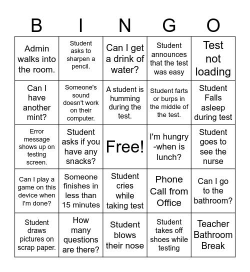 State Testing BINGO Card