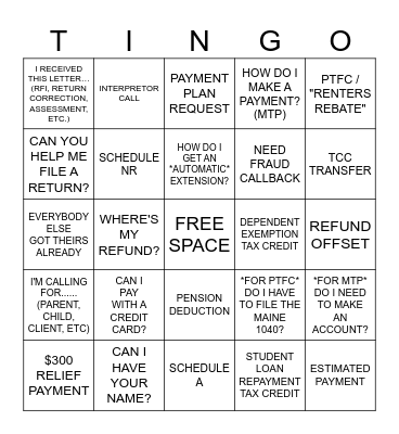 TINGO Bingo Card