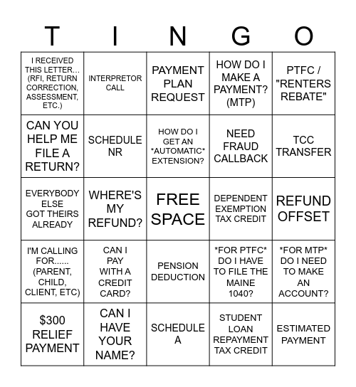 TINGO Bingo Card