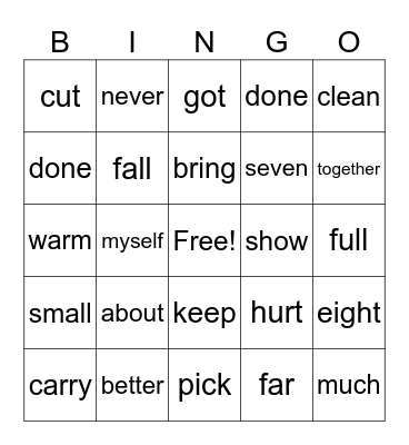 SIGHT WORD BINGO Card