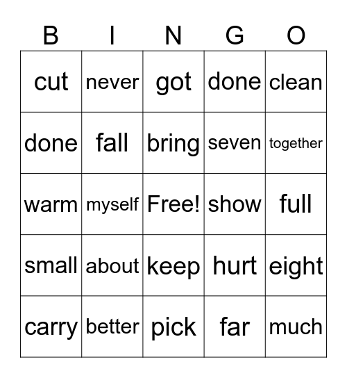 SIGHT WORD BINGO Card
