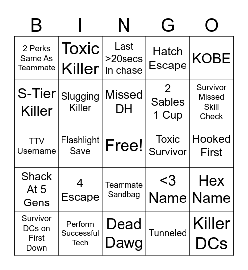 DBD Bingo Card