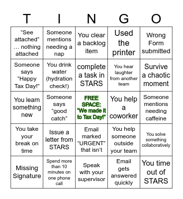 Non-Phone Staff Challenge Bingo Card
