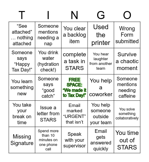 Non-Phone Staff Challenge Bingo Card