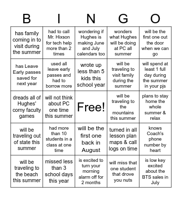 End of the year Faculty BINGO Card