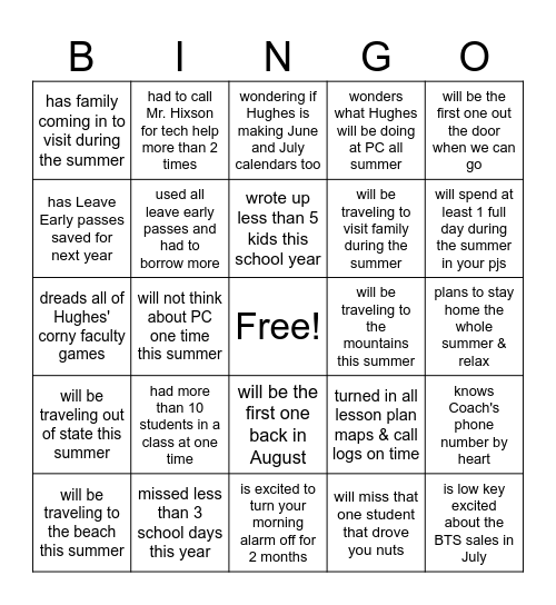 End of the year Faculty BINGO Card