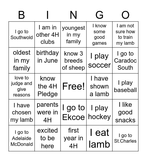 Glencoe 4 H Sheep Club Bingo Card