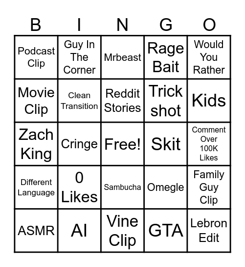 YouTube Shorts Bingo Card