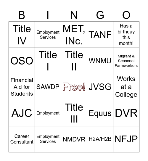 Workforce Partner Mingle Bingo Card