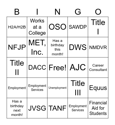 Workforce Partner Mingle Bingo Card
