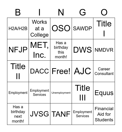 Workforce Partner Mingle Bingo Card