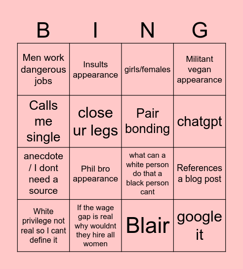Comrade B Bingo Card