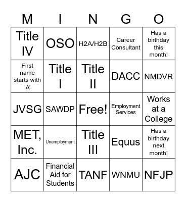 Workforce Partner Mingle Bingo Card