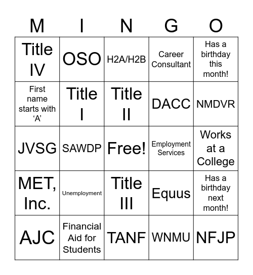 Workforce Partner Mingle Bingo Card