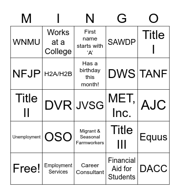 Workforce Partner Mingle Bingo Card