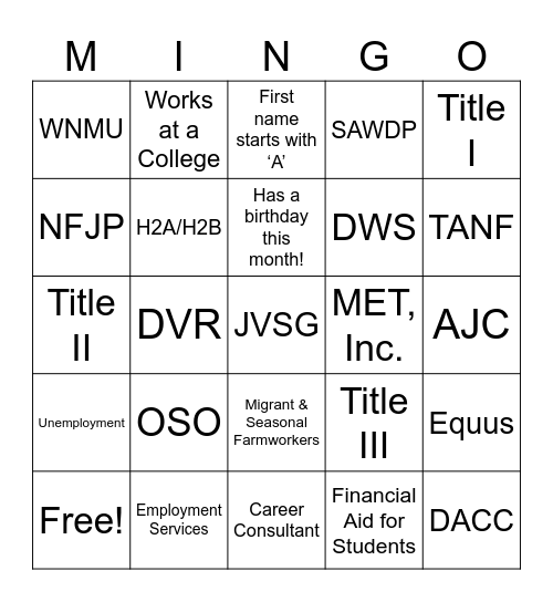 Workforce Partner Mingle Bingo Card