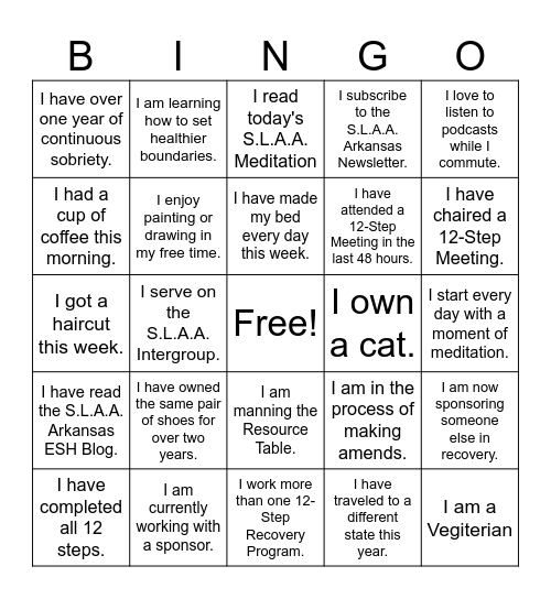Recovery Bingo Card