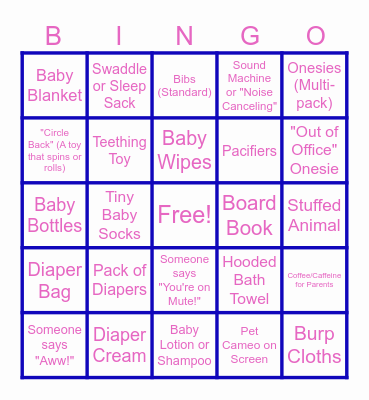 Carlton's Baby Shower Bingo Card