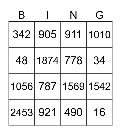 NUMBERS Bingo Card