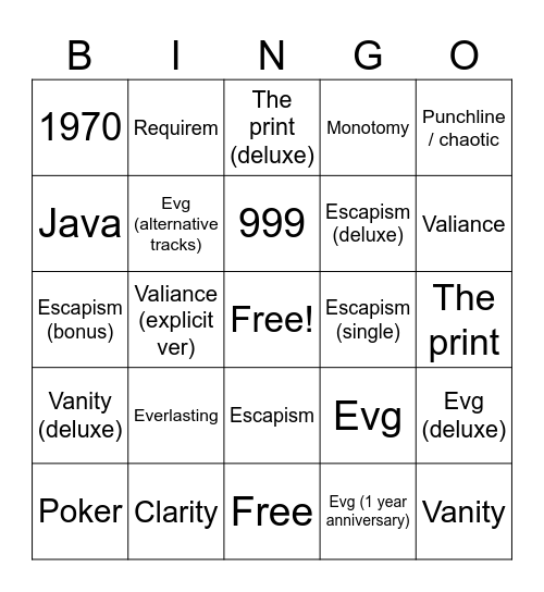 Evg released and unreleased discography Bingo Card