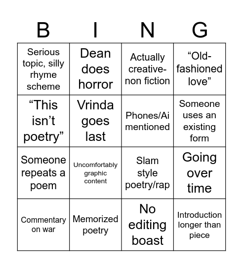 Poetry Bingo Card