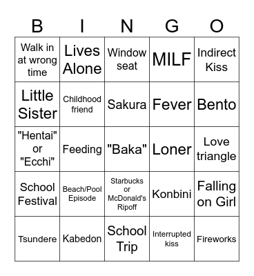 Anime Rom Com Bingo Card