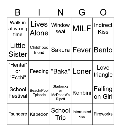 Anime Rom Com Bingo Card