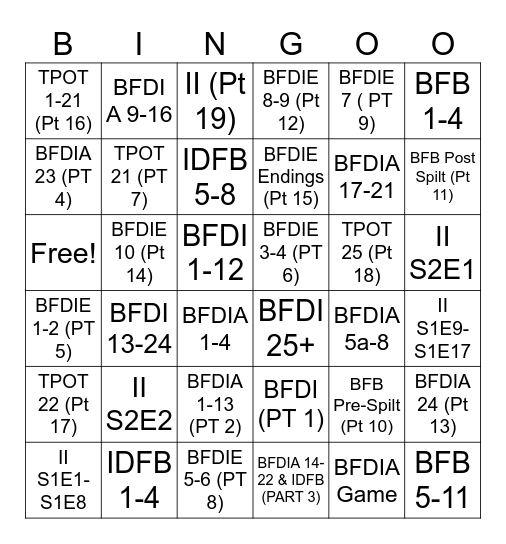 BFDI Seasons (as of TPOT 22 and TPOT 25) Bingo Card