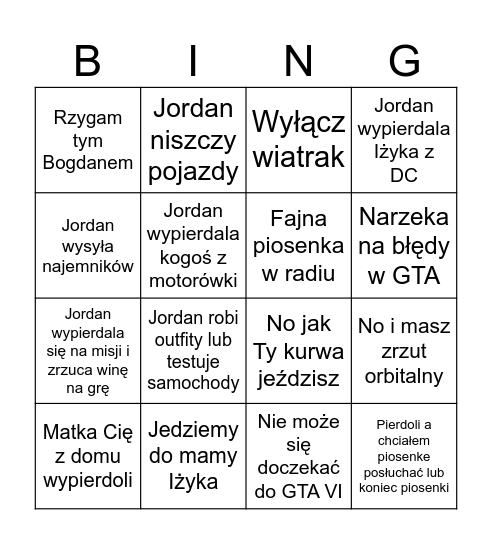 Jordan GTA Bingo Card