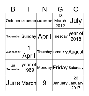 date  Bingo English Bingo Card