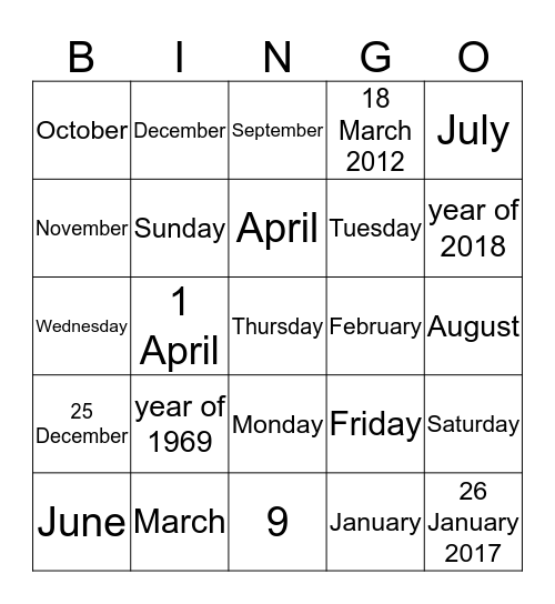 date  Bingo English Bingo Card