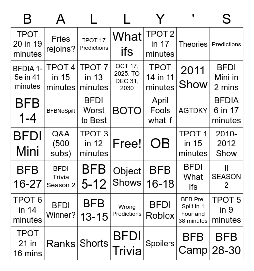 Ballzhow Part 2 Bingo Card
