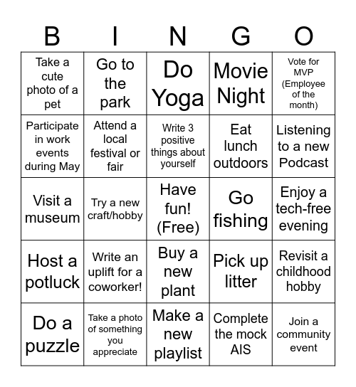 Summer Wellness Event Bingo Card