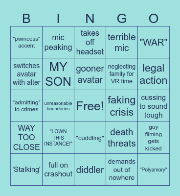 Pophi's VRC Cringe Bingo Card