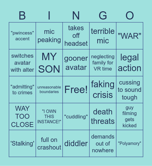 Pophi's VRC Cringe Bingo Card