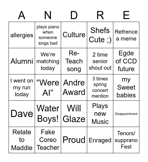 Andre Board Bingo Card