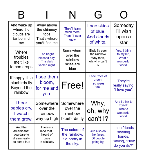 Songs in ASL Bingo Card